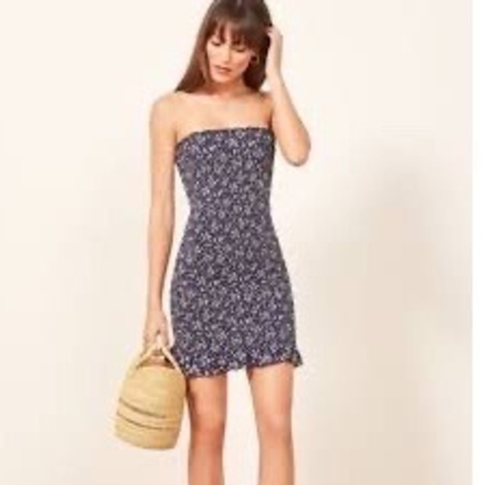 Reformation Chantilly Mini Dress Blue & White Floral Strapless Ruched Bodycon XL